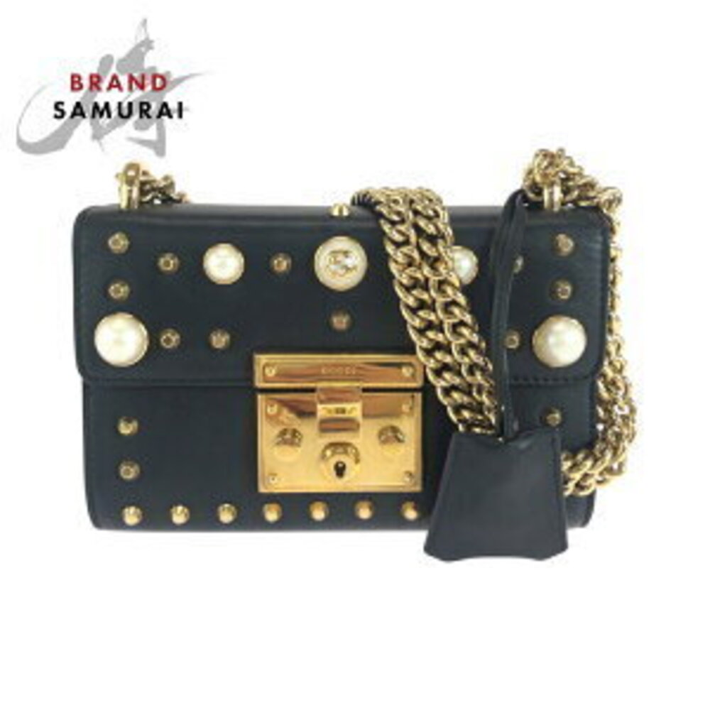 GUCCI studded pearl black leather chain Shoulder Bag
